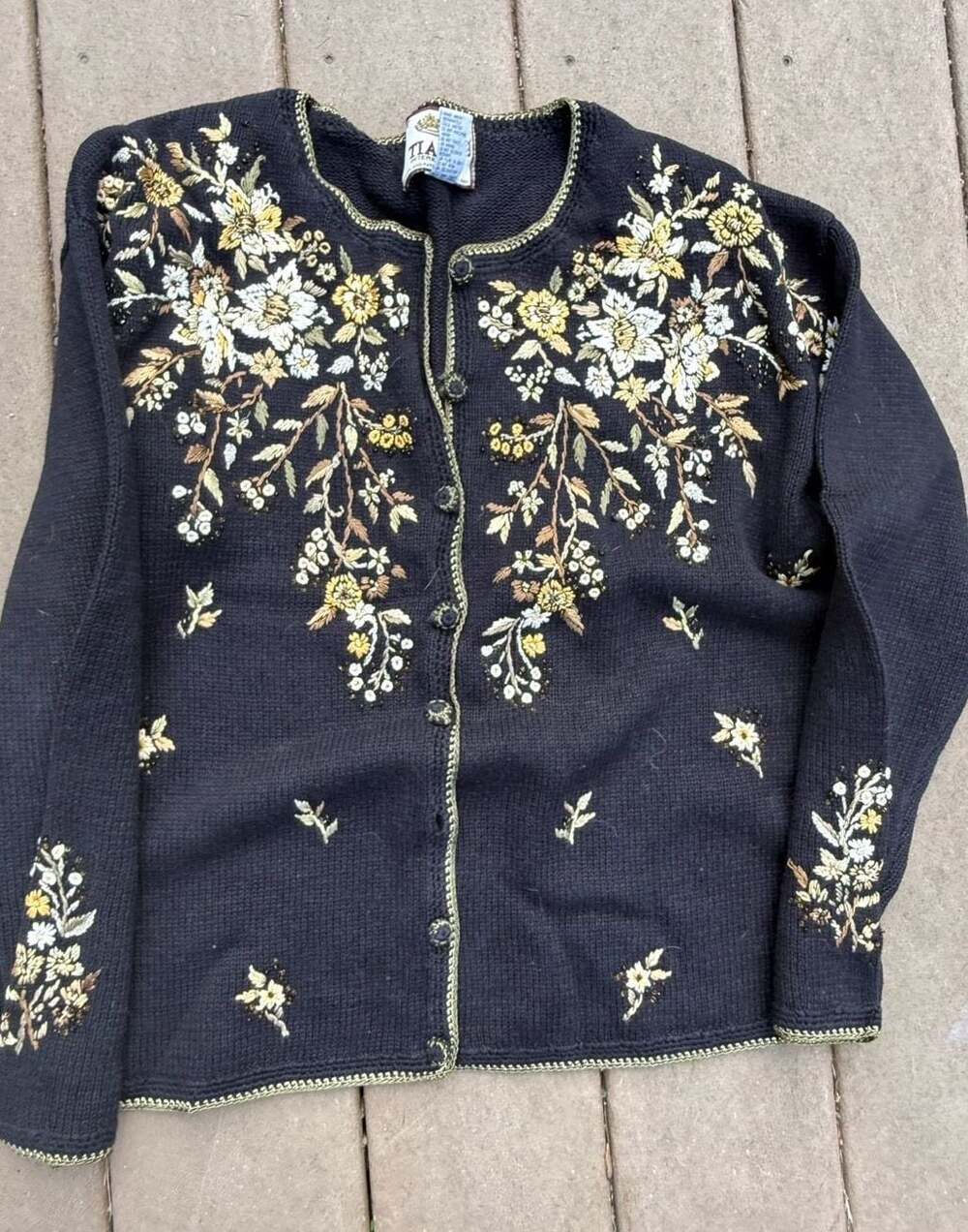 Tiara International Vintage Floral Embroidered Beaded Cardigan Sweater